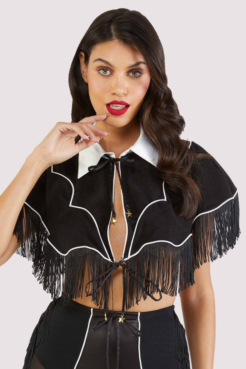 model wears Billie western cowboy fringe cape