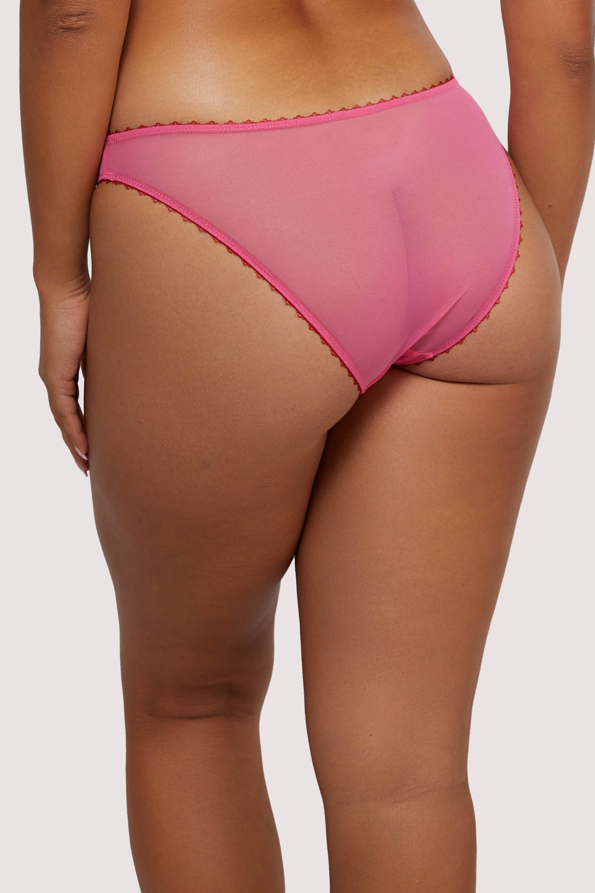 Model Back view of Pink Brazilian mesh brief with burgundy trim