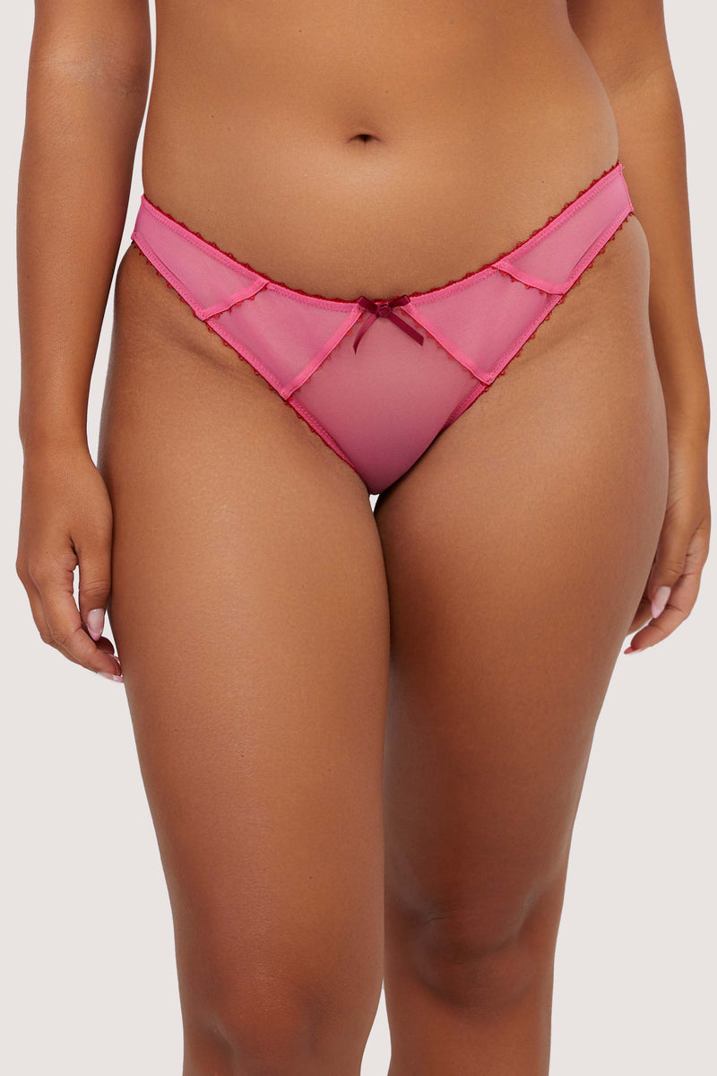 Model wears Pink Brazilian mesh brief with burgundy bow and picot trim