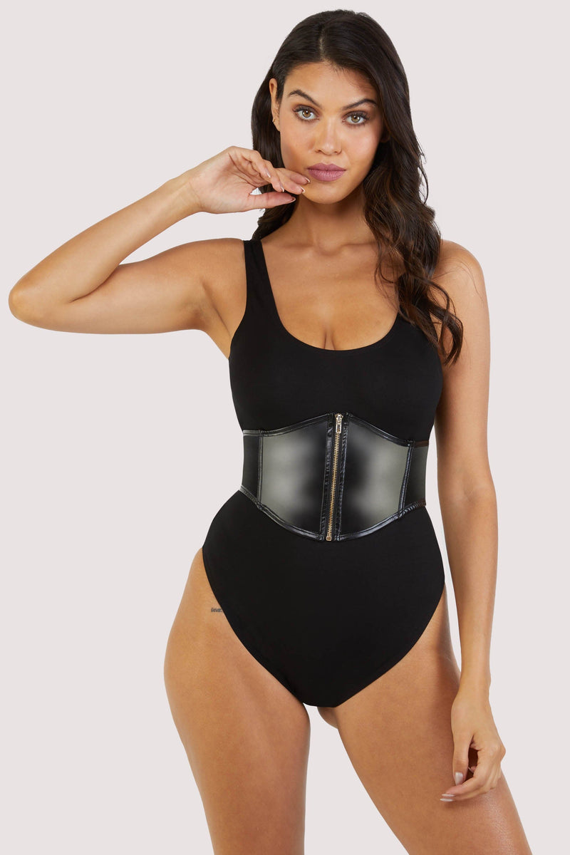 Black bodysuit with zip belt
