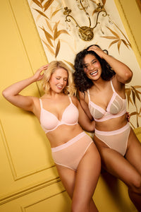 Model wears a icon blush pink high waist thong with light pink supportive mesh and Linear waistband trim with a matching bra.