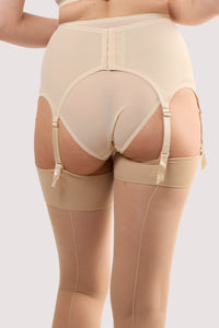 Model shows the back of a champagne satin 6 strap retro everyday suspender with adjustable suspender straps with elasticated for comfort.