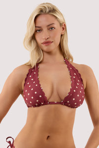 Model wears a hazel wine spot high apex triangle bikini top with classic triangle shape featuring scalloped trims.