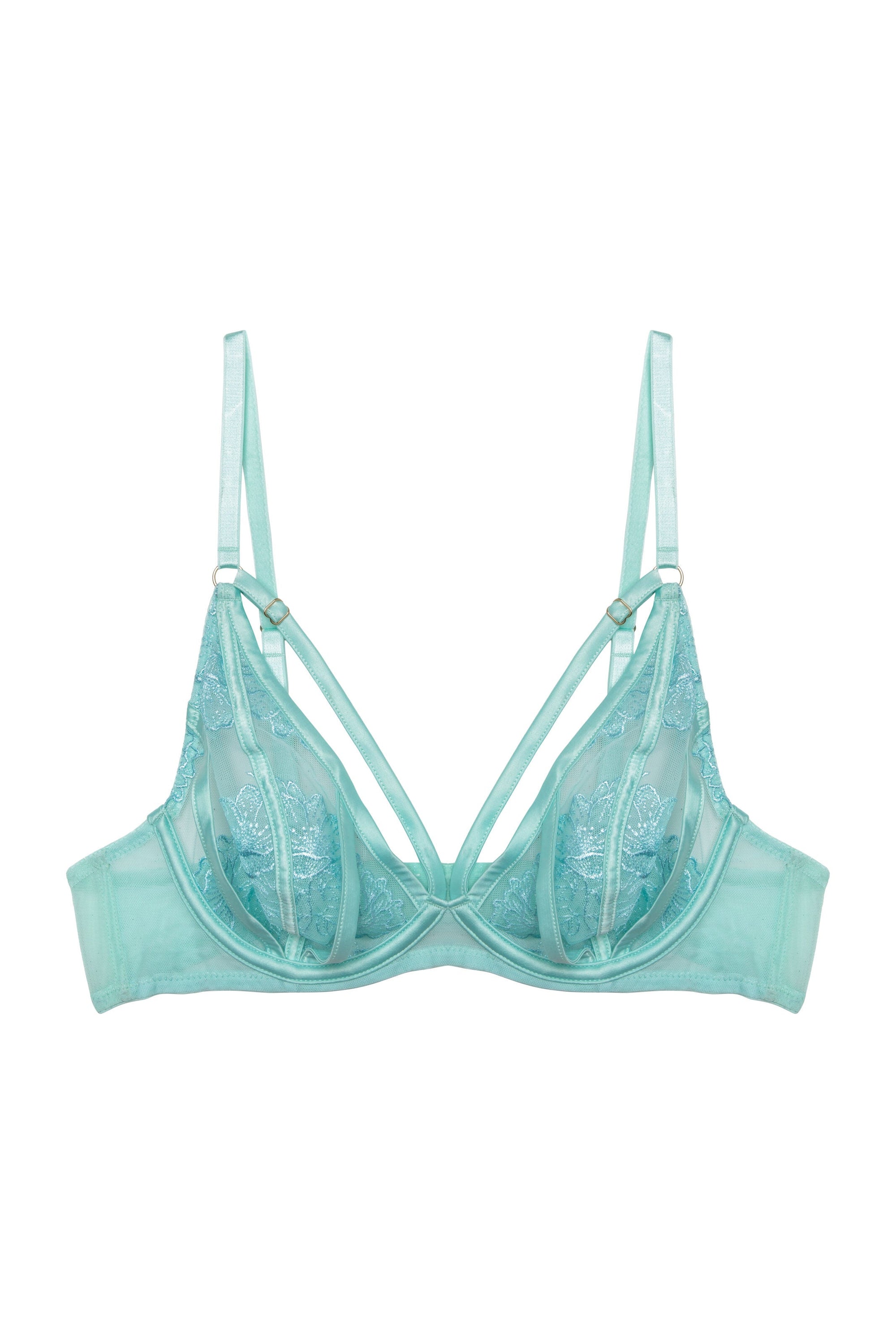 Model wears aqua embroidery & mesh lingerie set featuring the plunge bra and high-leg brief, designed with sheer aqua mesh, floral embroidery, and satin strap accents for a flirty and feminine look