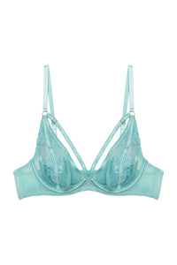 Model wears aqua embroidery & mesh lingerie set featuring the plunge bra and high-leg brief, designed with sheer aqua mesh, floral embroidery, and satin strap accents for a flirty and feminine look
