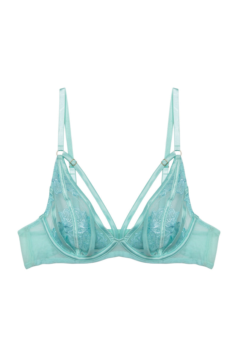 Model wears aqua embroidery & mesh lingerie set featuring the plunge bra and high-leg brief, designed with sheer aqua mesh, floral embroidery, and satin strap accents for a flirty and feminine look