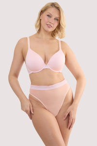 Model wears a icon blush pink sheer plunge bra with light pink mesh longline style and underwired, full cups with a matching high waist brief.