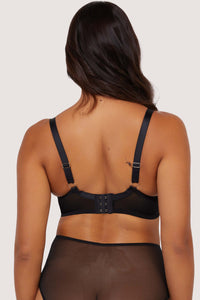 Model shows ack of a Contrast Black Embroidery Bra featuring thick adjustable straps and hook-and-eye closure for a supportive fit