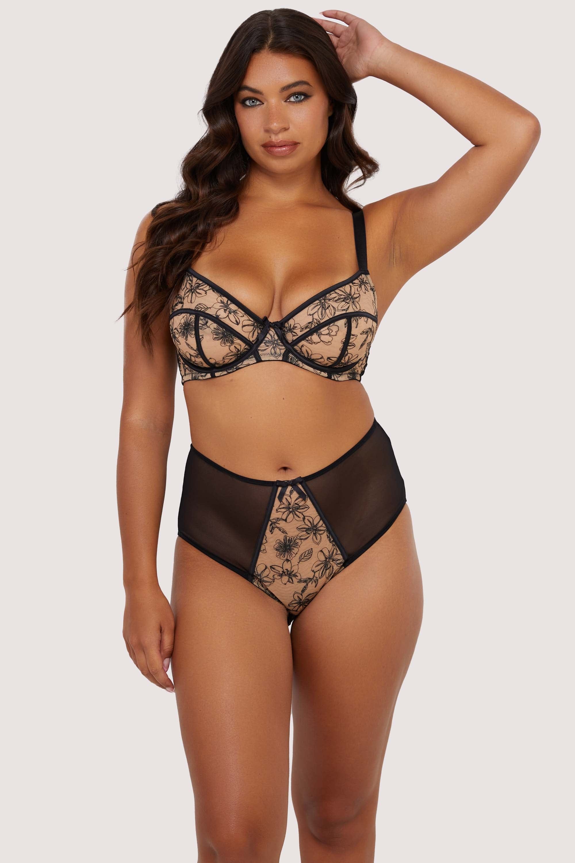Model wears Contrast Black Embroidery Bra and High Waisted Brief set, featuring nude mesh with black floral embroidery and supportive balconette underwire cups