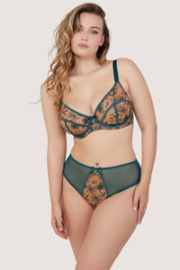Model wears Teal Contrast Embroidery Balconette Bra and High Waisted Thong, featuring nude mesh with teal floral embroidery, satin bow detail, and supportive teal mesh panels
