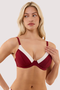 Model wears a stasia wine and ivory fuller bust underwired bikini top with ivory contrast trim, supportive underwired cup.