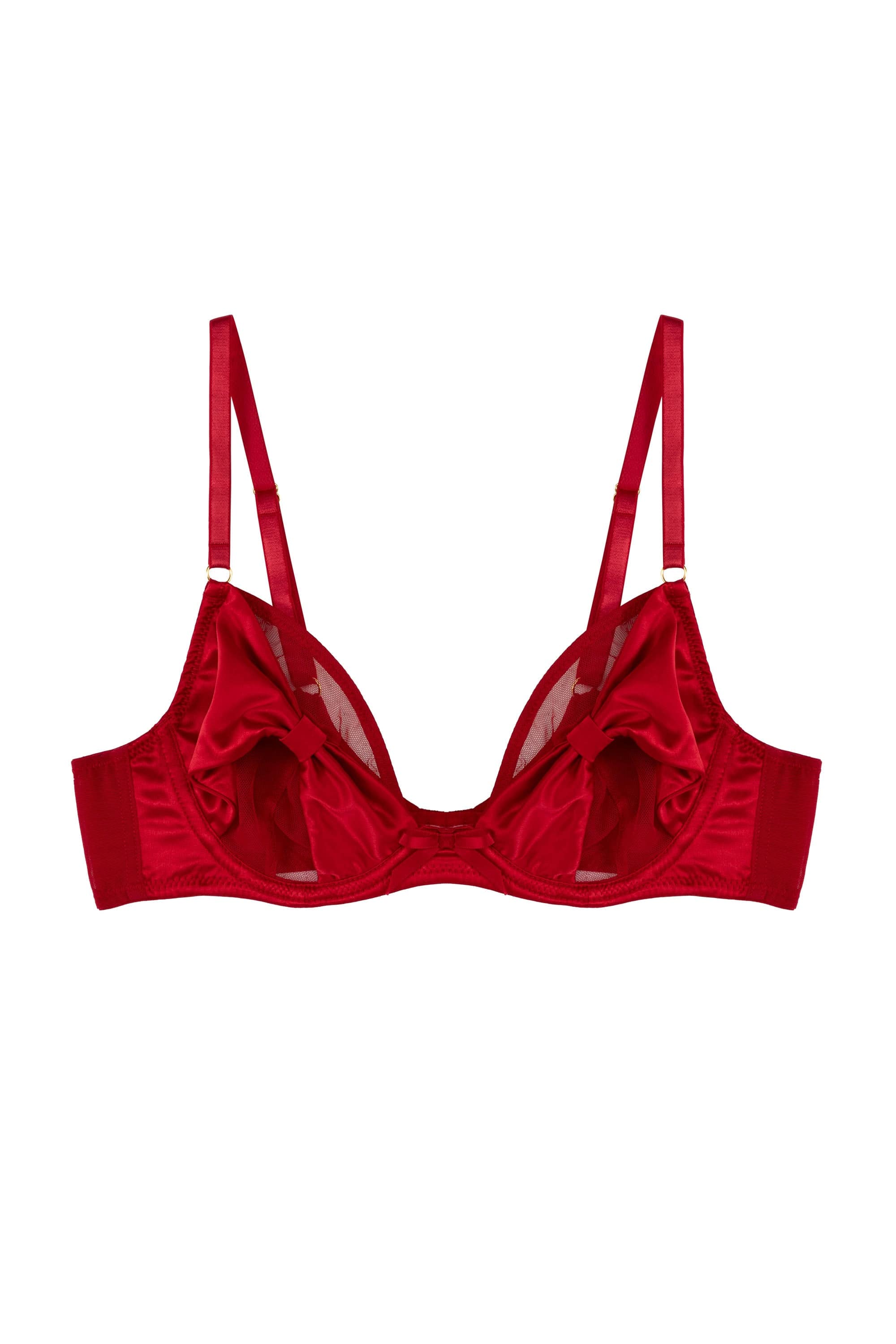 Red satin plunge bra with sexy bow details and sheer mesh cups
