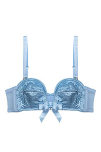 Blue satin bullet bra with straps