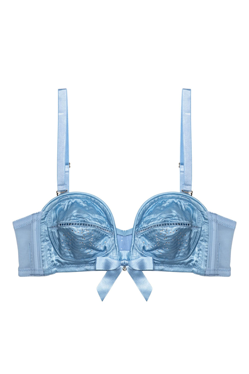 Blue satin bullet bra with straps