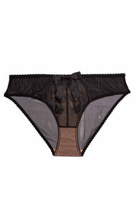 Black floral embroidery brief with a satin side bands and bow.
