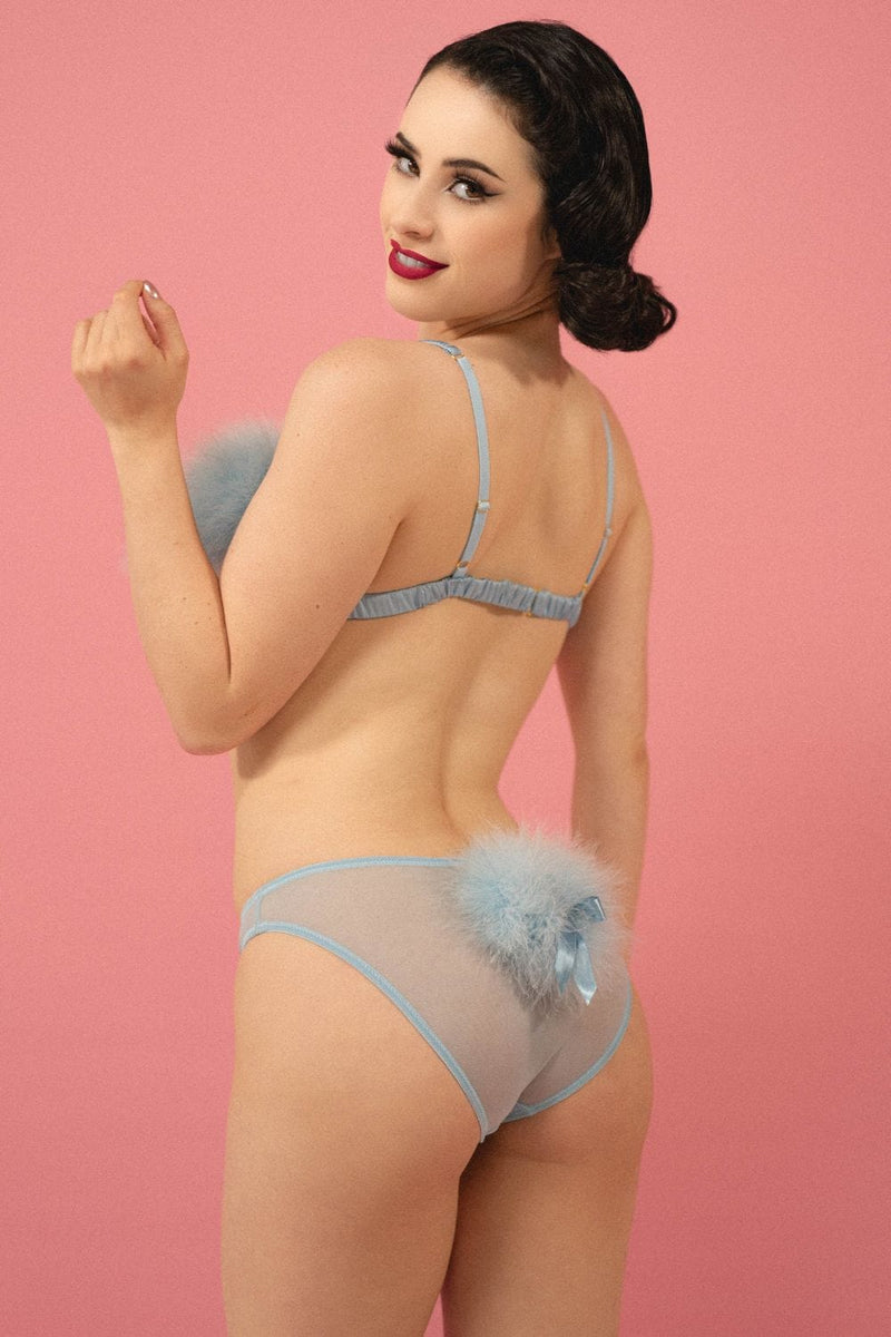 retro model wears blue triangle bra and brief lingerie set