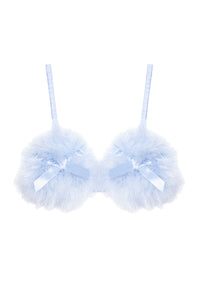 Retro blue triangle bra with feather puffs and straps