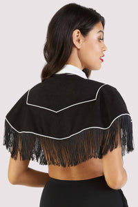 model shows us the back of the Billie western cowboy fringe cape