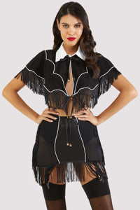 model wears Billie western cowboy fringe cape with Billie western grindle