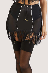 model wears Billie western cowboy fringe grindle with suspender