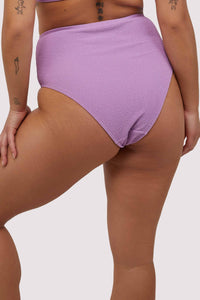 model shows full brief back of high waist lilac scrunch fabric bikini bottoms