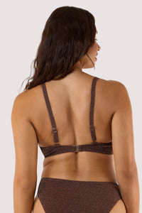 Model Back view of shimmering bronze bikini with adjustable straps and clasp fastening.