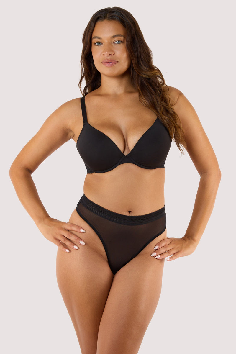 Model wears Black Microfiber Moulded Cup Bra paired with High waist brief for a bold, modern silhouette.