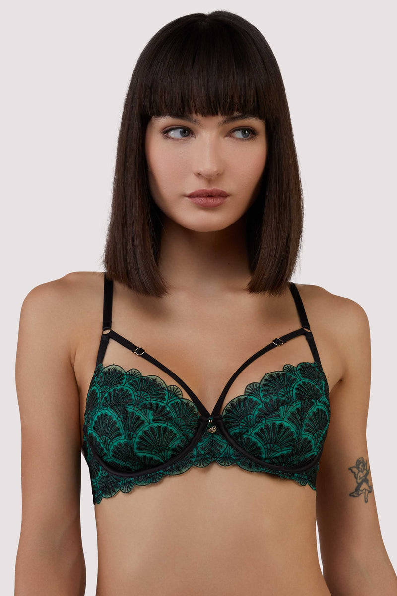 Mia Black and Jade Deco Embroidery Balconette Bra