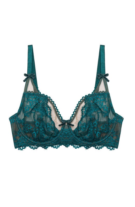 Teal eyelash lace balconette bra with underwired balconette cups, velvet bow with pearl charm and nude mesh with teal eyelash lace.