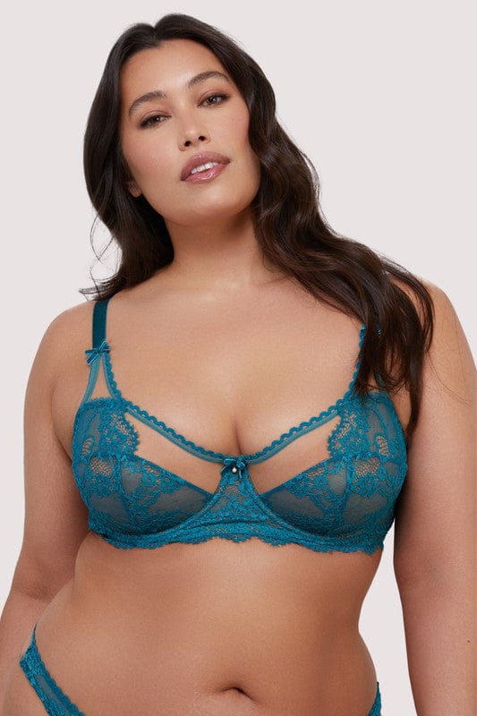 Model wears a teal eyelash lace balconette bra with underwired balconette cups, velvet bow with pearl charm and nude mesh with teal eyelash lace.