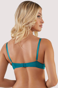 Back view of Playful Promises Teal embroidered mesh and satin bra with black and blue lace detailing and cage detail