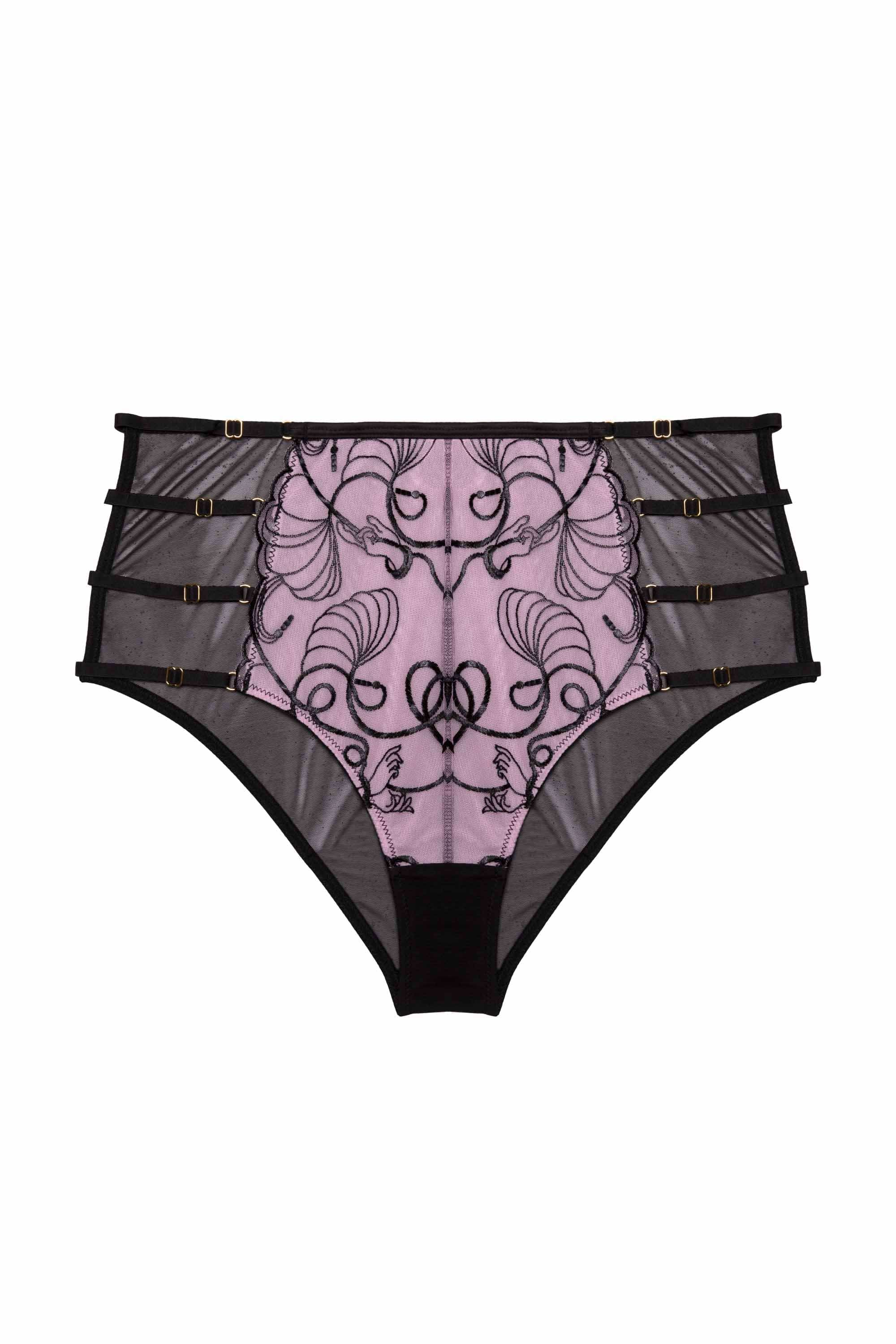 Pink and black embroidered mesh brief with straps