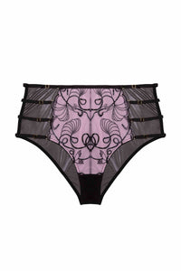 Pink and black embroidered mesh brief with straps