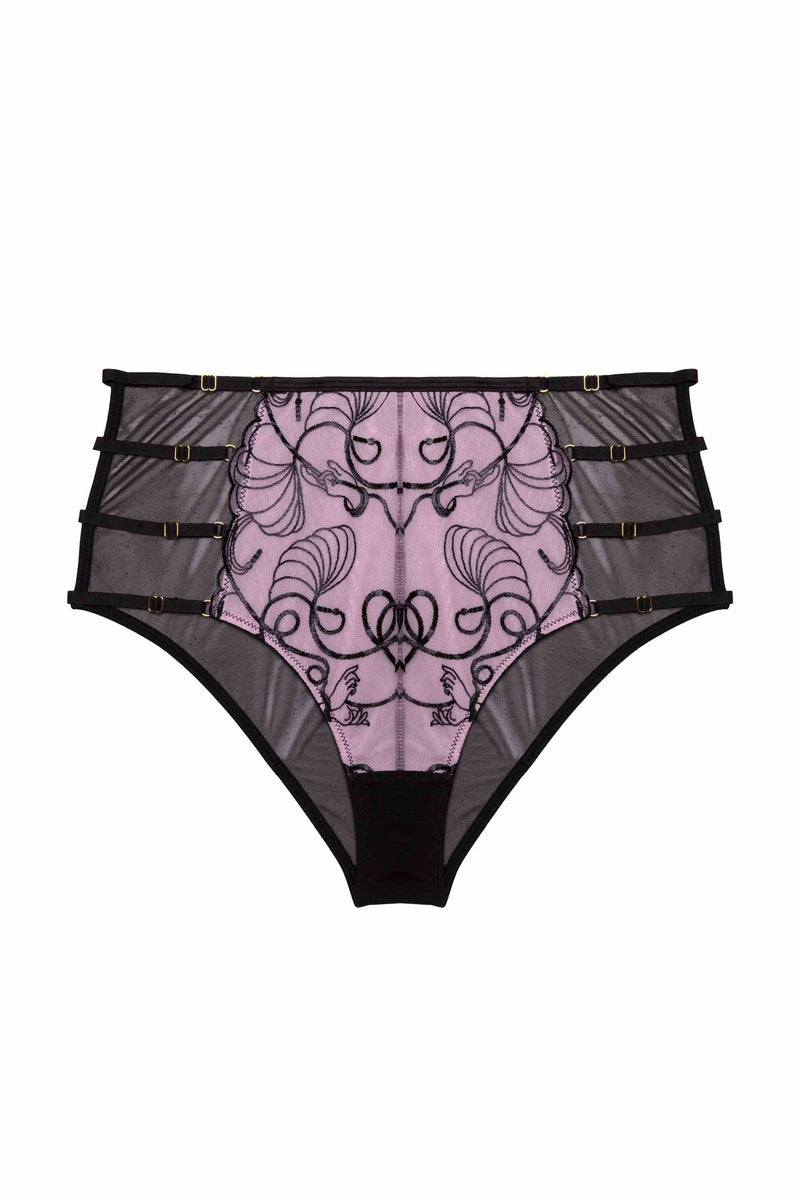 Pink and black embroidered mesh brief with straps