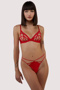 model wears Ramona red bra with open back thong lingerie set