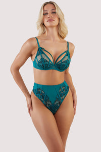 Playful Promises Teal embroidered mesh and satin thong with black and blue lace detailing and cage detail, worn with matching teal embroidery bra