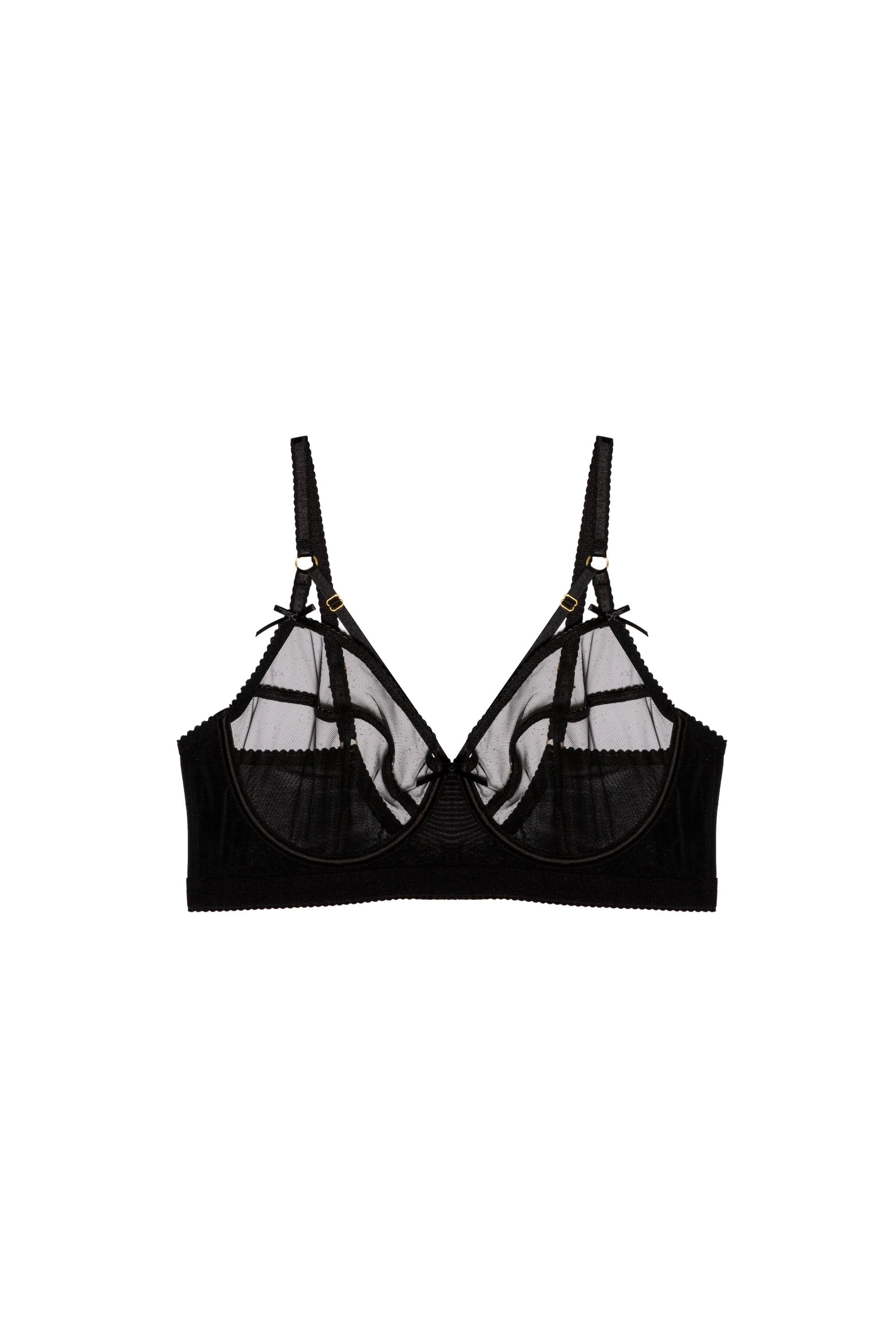 black mesh D+  bra with harness strap detailing and full cups