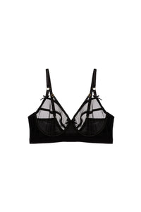 black mesh D+  bra with harness strap detailing and full cups