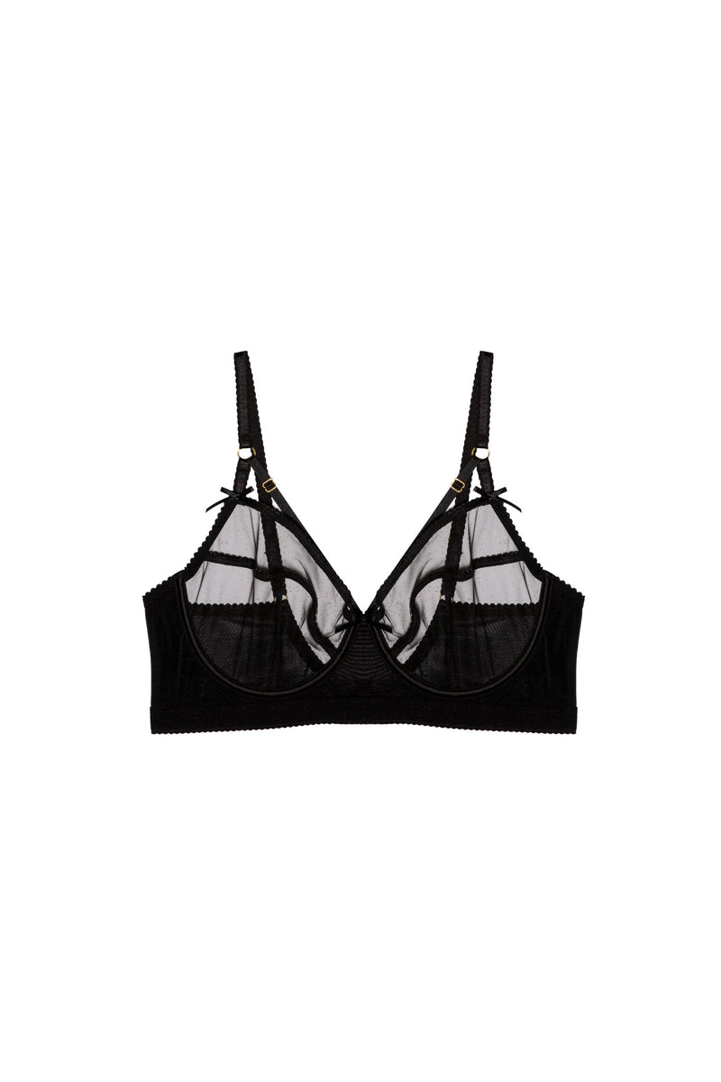 black mesh D+  bra with harness strap detailing and full cups