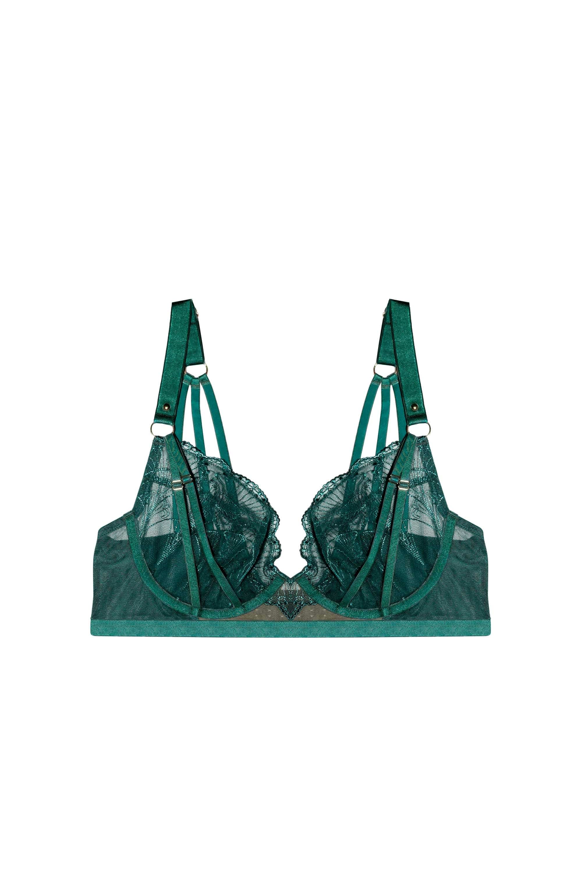 Forest green plunge bra with embroidery, scalloped lace edge and gold ring strap accents