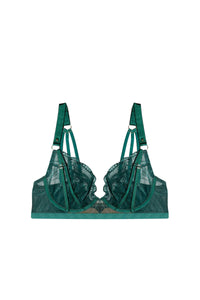 Forest green plunge bra with embroidery, scalloped lace edge and gold ring strap accents