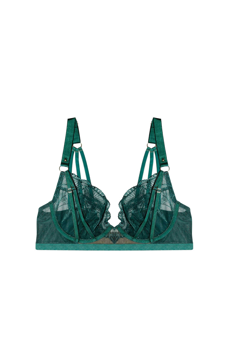 Forest green plunge bra with embroidery, scalloped lace edge and gold ring strap accents