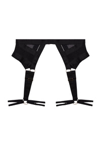 Product Cut Out of black elastic and mesh multi-strap harness suspender