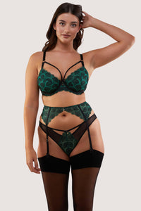 Mia Black And Jade Deco Embroidery Suspender Belt