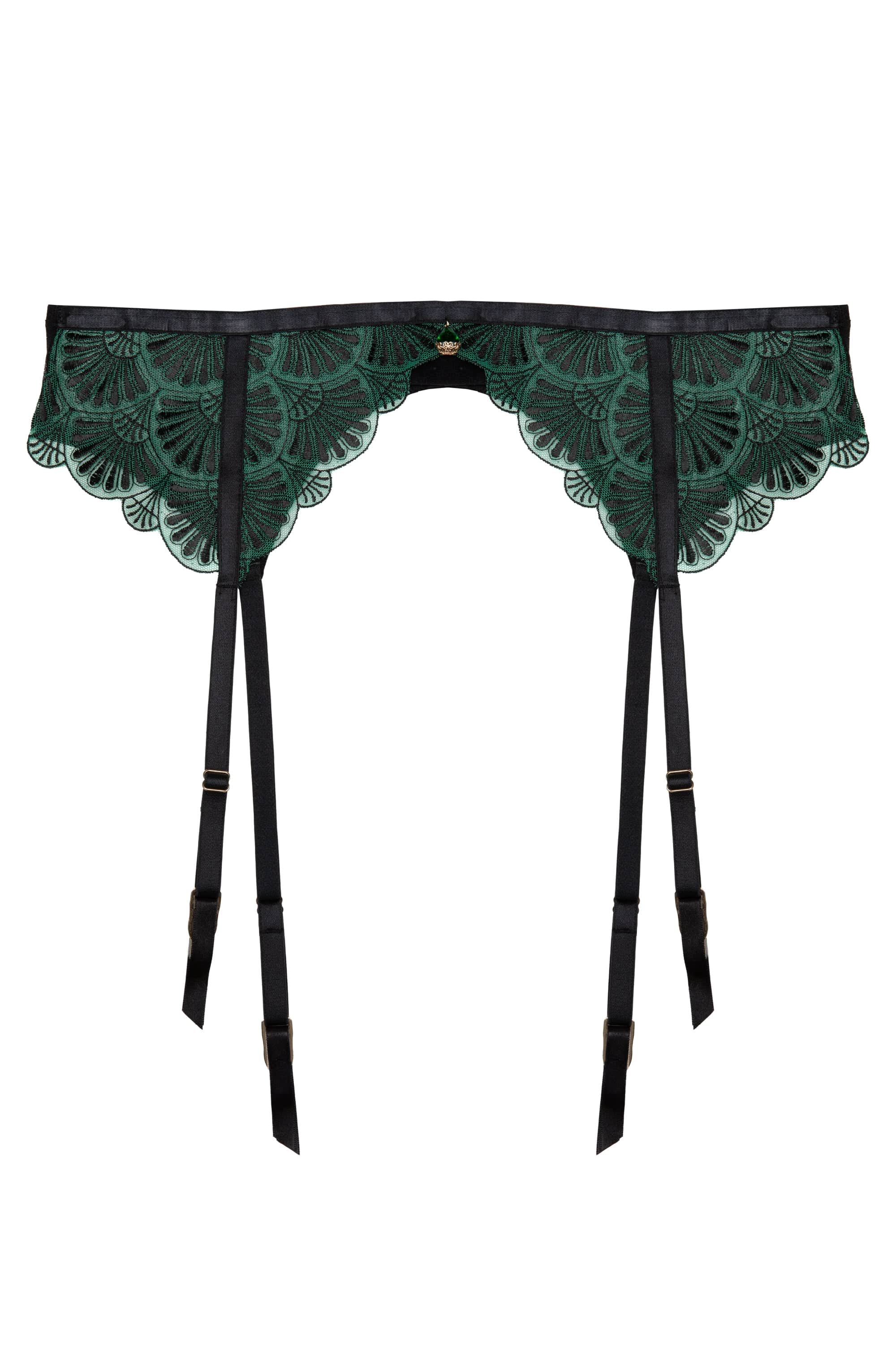 Mia Black And Jade Deco Embroidery Suspender Belt