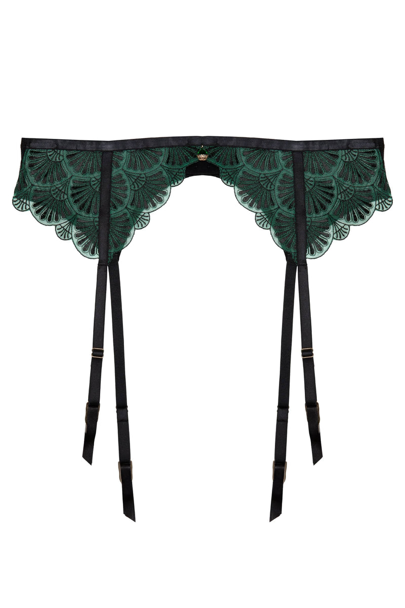 Mia Black And Jade Deco Embroidery Suspender Belt
