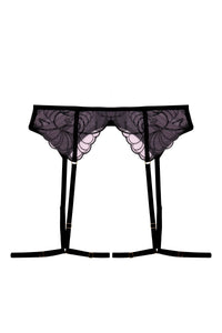 Pink and black embroidered suspender belt with thigh harness straps