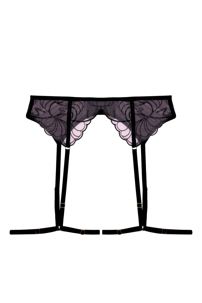 Pink and black embroidered suspender belt with thigh harness straps