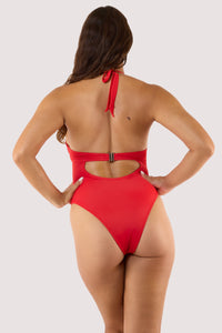 Model Back view of Underwired Halterneck Swimsuit featuring halterneck tie, clasp fastening, cut-out back detail, and high-leg fit.