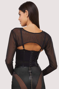 Model shows the back of a black shrug with super cropped long sleeve bolero.